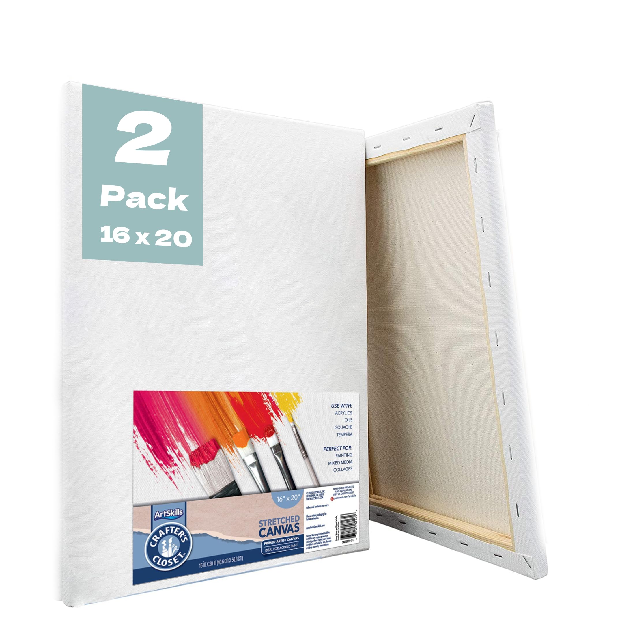 ArtSkills Stretched Canvases for Painting, 16x20 Canvas Painting Supplies for Artists, Blank Canvas Pack, 2-Pack