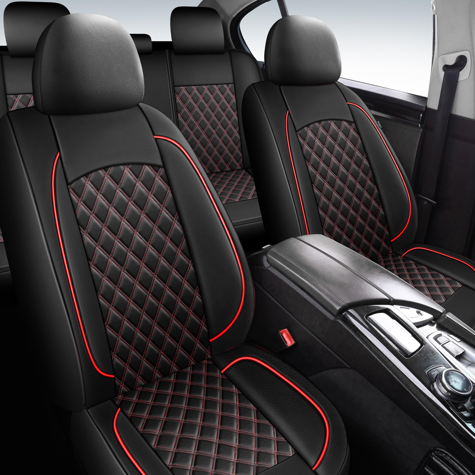Car Seat Covers Full Set,Breathable and Waterproof Napa Leather Car Seat Cover,Interior Universal Fit for Cars,Sedans,SUVs,Vans,Trucks(Full Seat,Black+Red,N3)