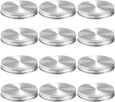 Stainless Steel Mason Jar Lids,12 Pack Polished Surface,Reusable and Leak Proof,Storage Caps with Silicone Seals for Wide Mouth Size Jars 12-Pack Stainless Steel LidsWide Mouth