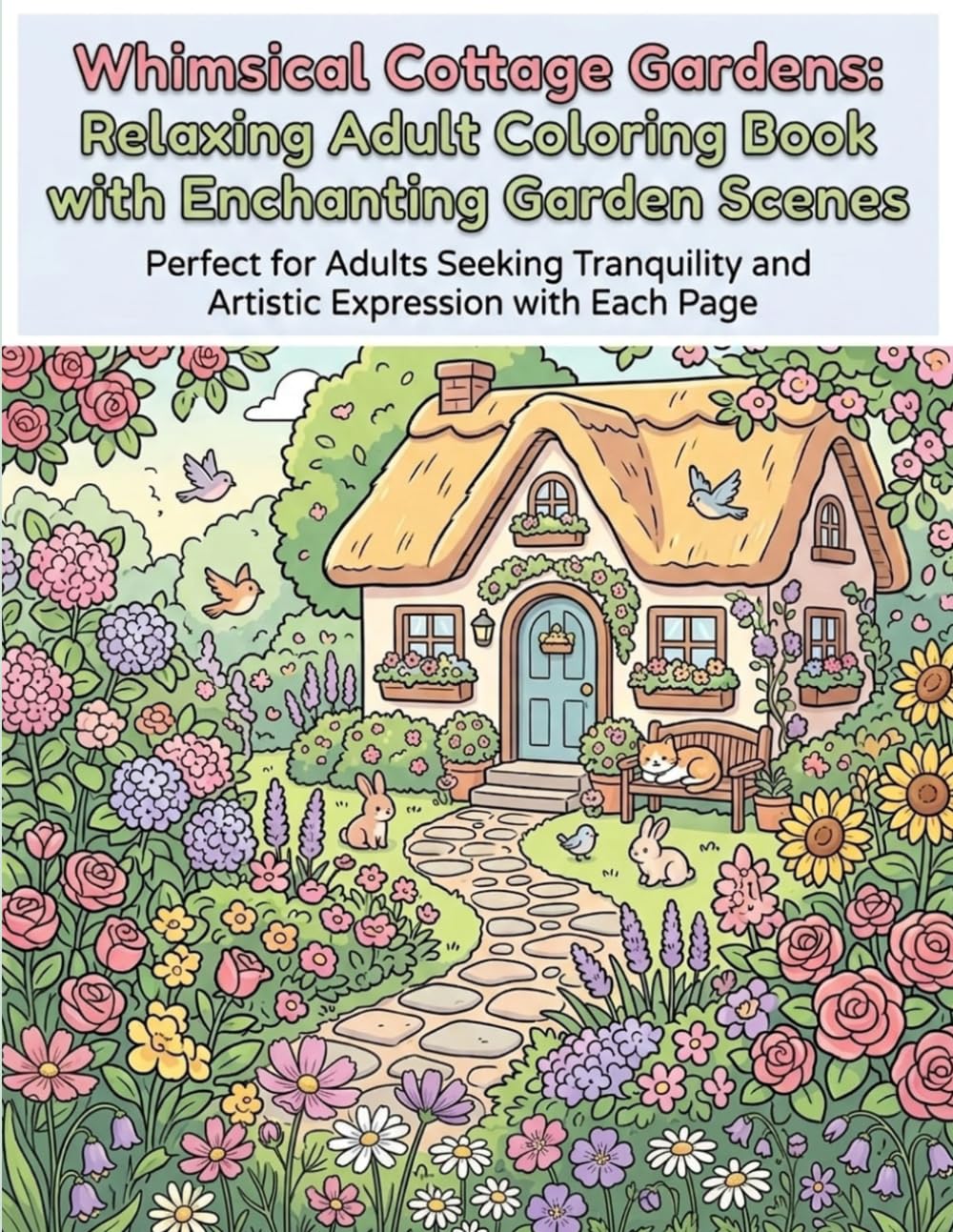 Whimsical Cottage Gardens: Relaxing Adult Coloring Book with Enchanting Garden Scenes: Illustrations for Stress Relief and Creativity - Cottages, Flowers, Wildlife