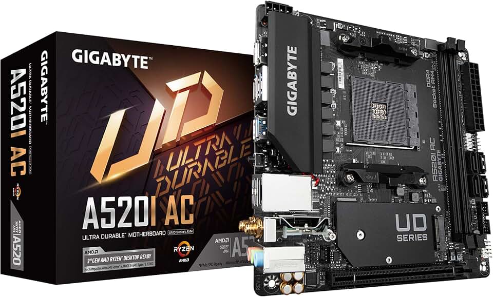 Gigabyte A520I AC (AMD Ryzen AM4/Mini-ITX/Direct 6 Phases Digital PWM com 55A DrMOS/Gaming GbE LAN/Intel WiFi+Bluetooth/NVMe PCIe 3.0 x4 M.2/3 Display Interfaces/Q-Flash Plus/Placa-mãe)