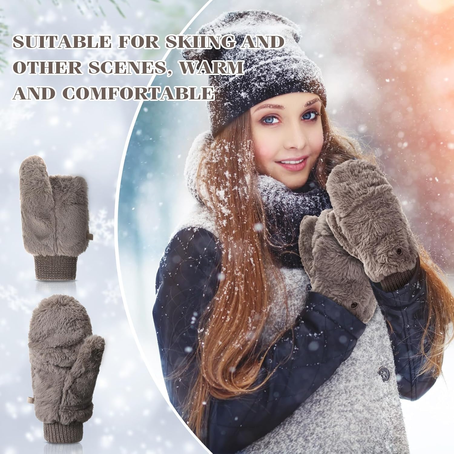 SATINIOR Faux Fur Mittens Fingerless Gloves Convertible Gloves Fluffy Winter Warm Soft Half Finger Fuzzy for Women - Image 6