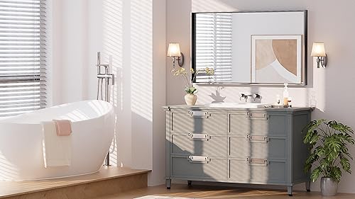 Miniatura 110 de Keonjinn Espejo de baño dorado de 48 x 36 pulgadas, espejo rectangular con marco de metal dorado cepillado, espejo de pared grande rectangular