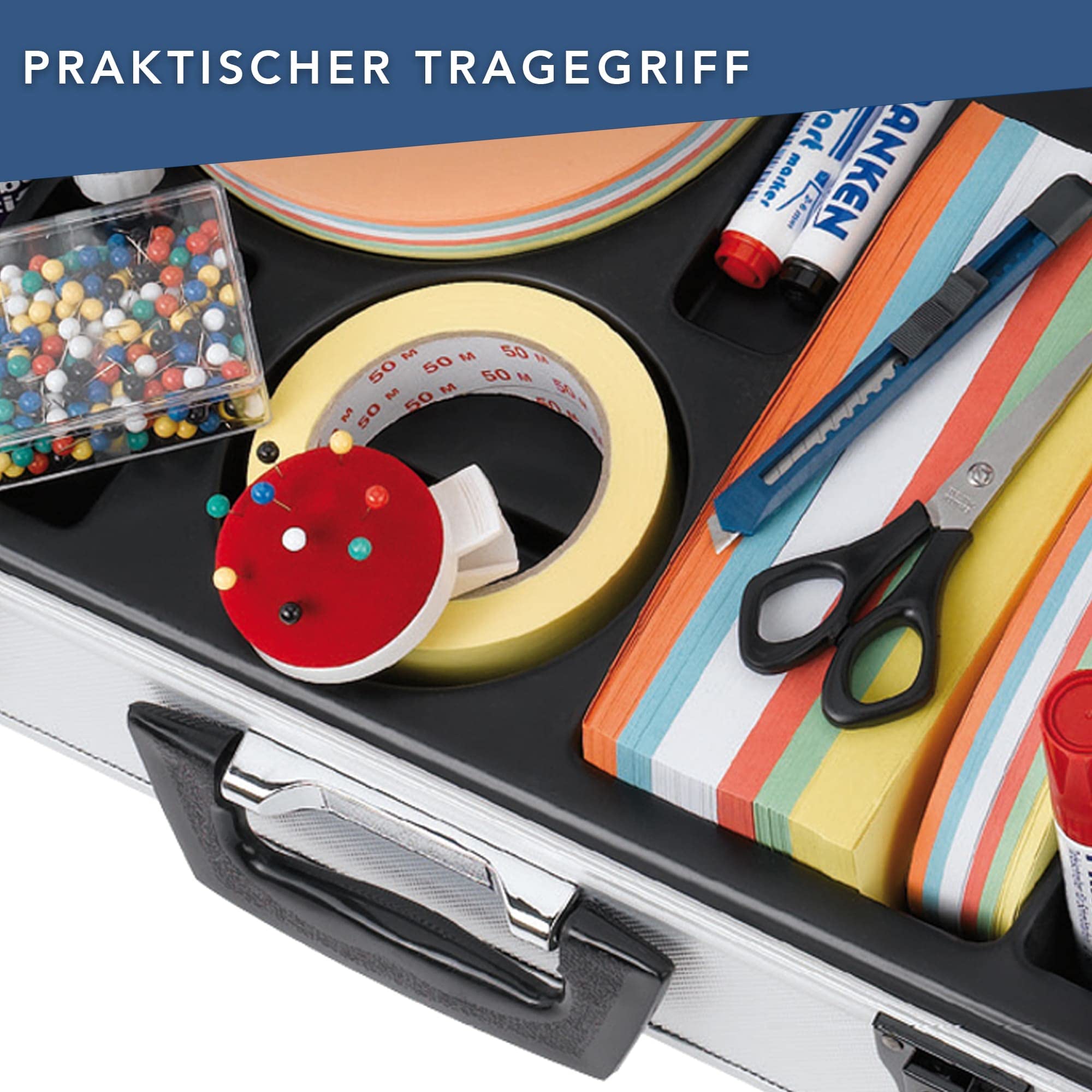 Franken Moderationskoffer Profi, Präsentationskoffer 2500-teilig, Aluminiumkoffer mit Tragegriff und Schultergurt, 37 x 48 x 16 cm, silber (UMK)