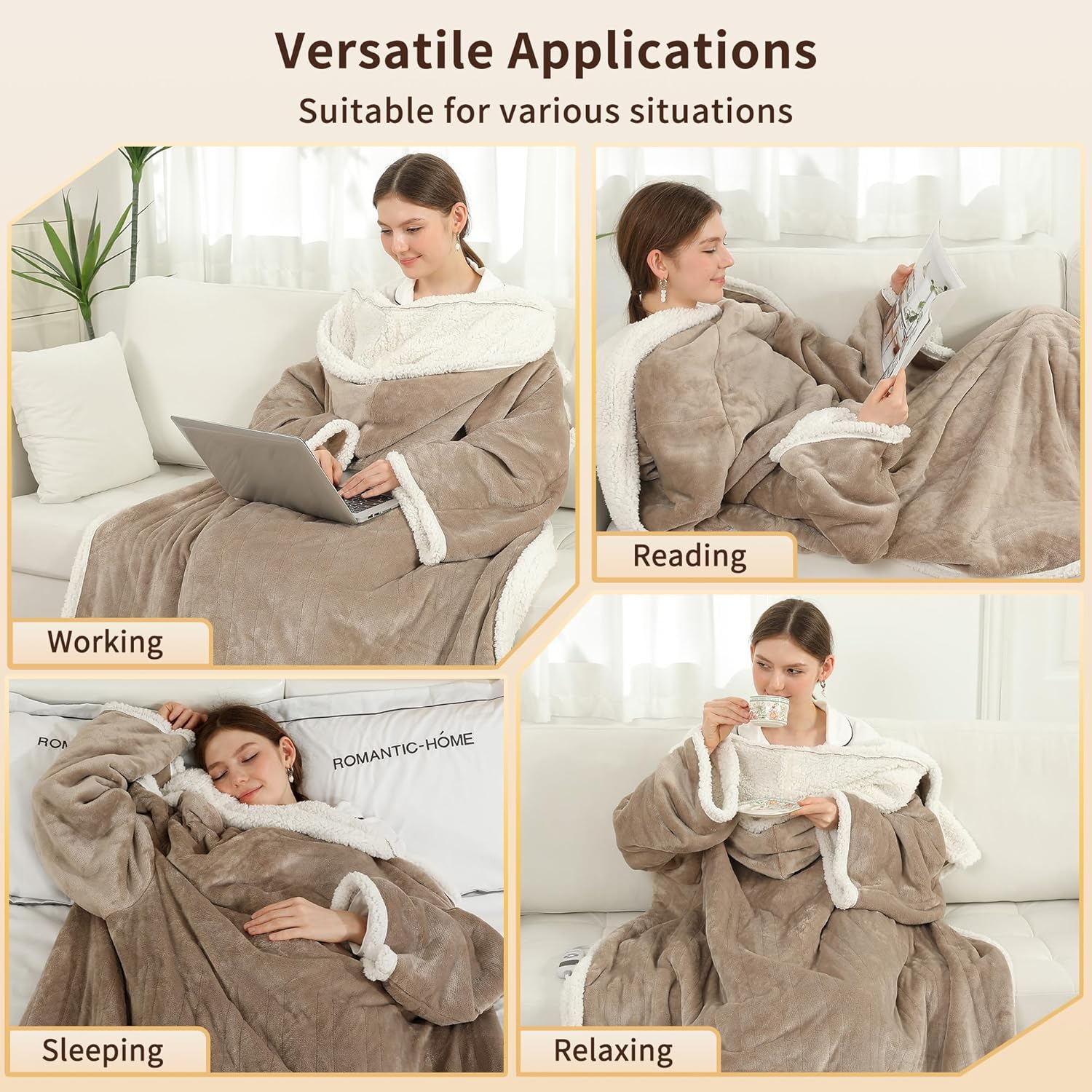 ESTINGO Wearable Electric Throw Heated Blanket, Heated Electric Blanket with Foot Pocket, 6 Heating Levels and 1-4H Auto Off, Heated Hoodie Women for Mom Grandma 50"×70" Light Beige - Image 5