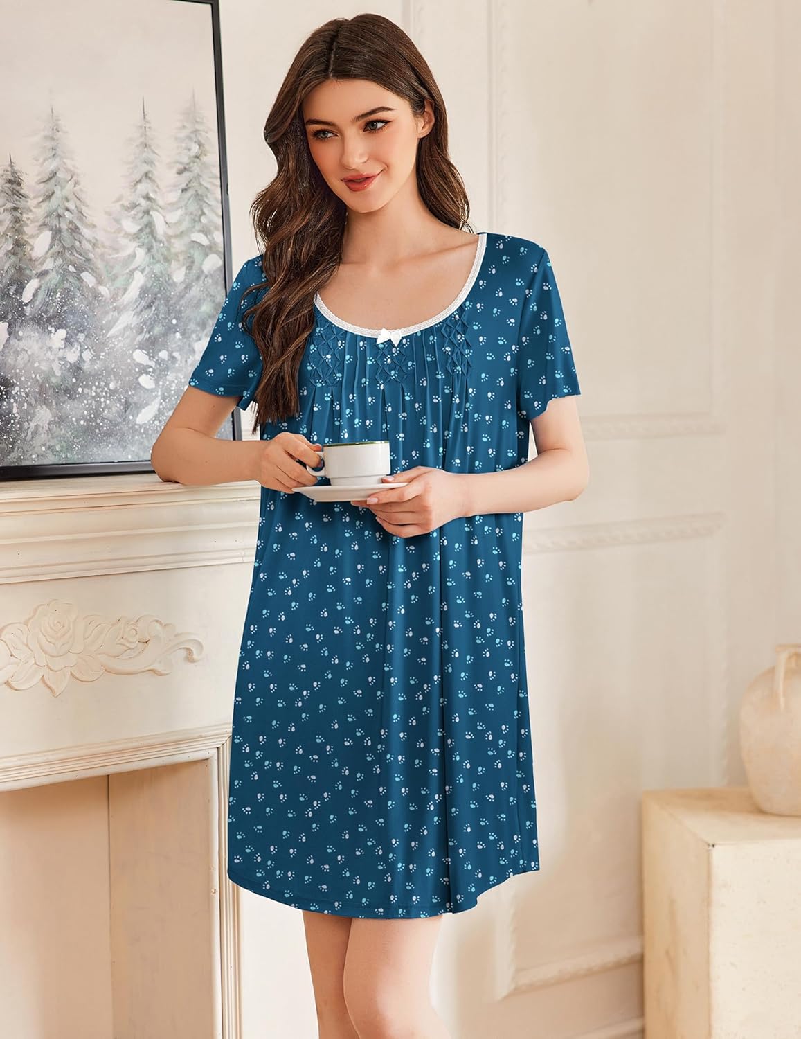 Ekouaer Nightgowns for Women Pleated Sleep Shirts Short Sleeve Night Shirts Lace Trim Night Gown Ladies Sleep Dress - Image 3