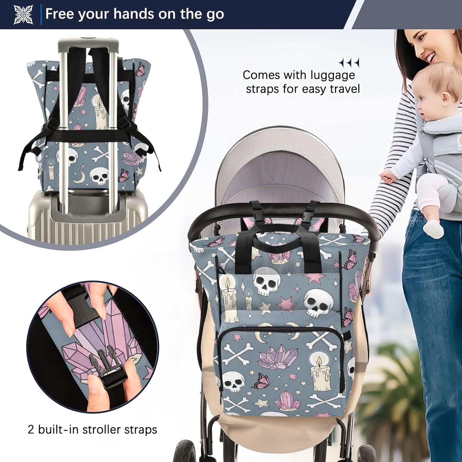 Gothic Skulls Stars Gray Pattern Diaper Bag Backpack for Baby Boys Girls Multifunction Baby Essentials Travel Tote with Stroller Straps & Bottle Storage Maternity Travel Bag for Baby Shower Gifts