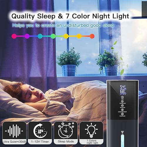 Miniatura 7 de Humidifiers Large Room Bedroom with 7 Colors Light, 2.1Gal(8L) 3 Speed Quiet Ultrasonic Cool Mist Humidifier with 360 Nozzle, Humidity Setting,