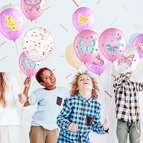 Miniatura 6 de Libima 45 globos de látex de mariposa para decoración de cumpleaños, globos de látex de hadas rosas y moradas, decoraciones para niñas, princesas,