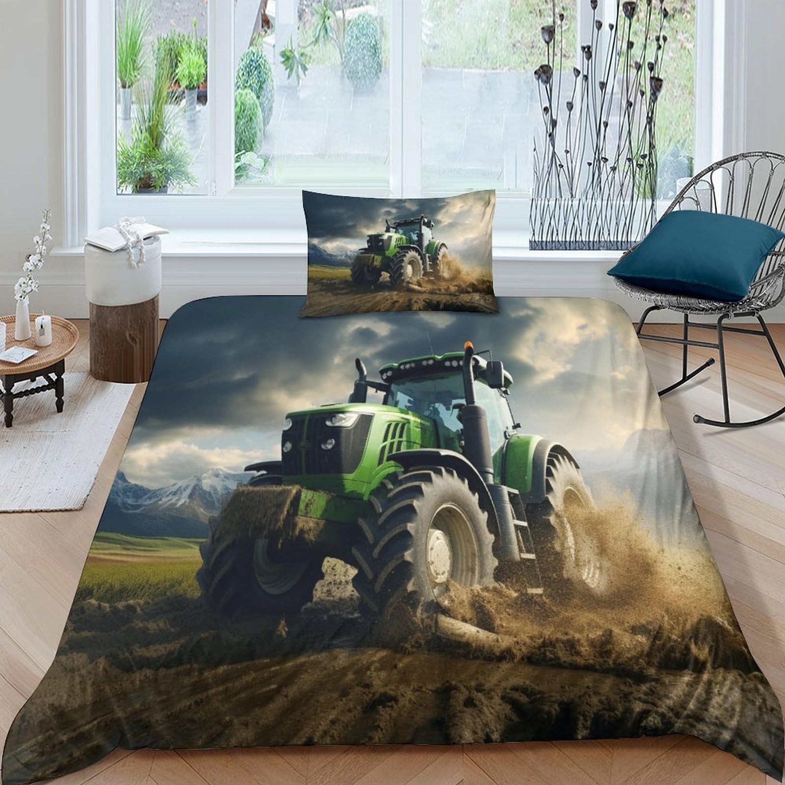HONGBING Tractor Quilt Cover 3D Printed Duvet Cover Comforter Covers for Boys Girls with Zipper Closure with Pillow Cases Soft Microfiber Bedding Set 3 Pieces Single（135x200cm）