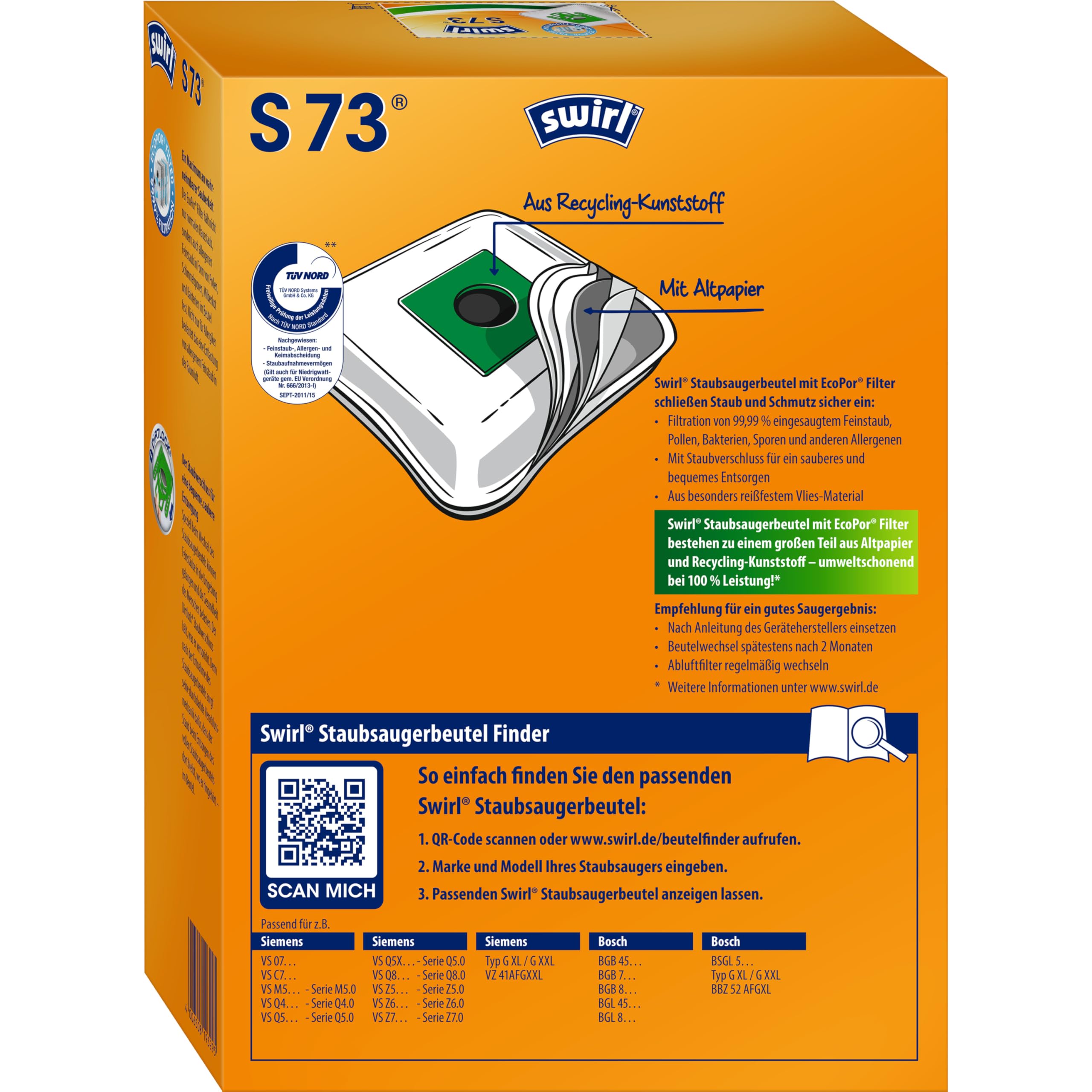 Swirl S 73 MicroPor Plus Worki Do Odkurzacza Siemens i Bosch, 4 Sztuki z Filtrem