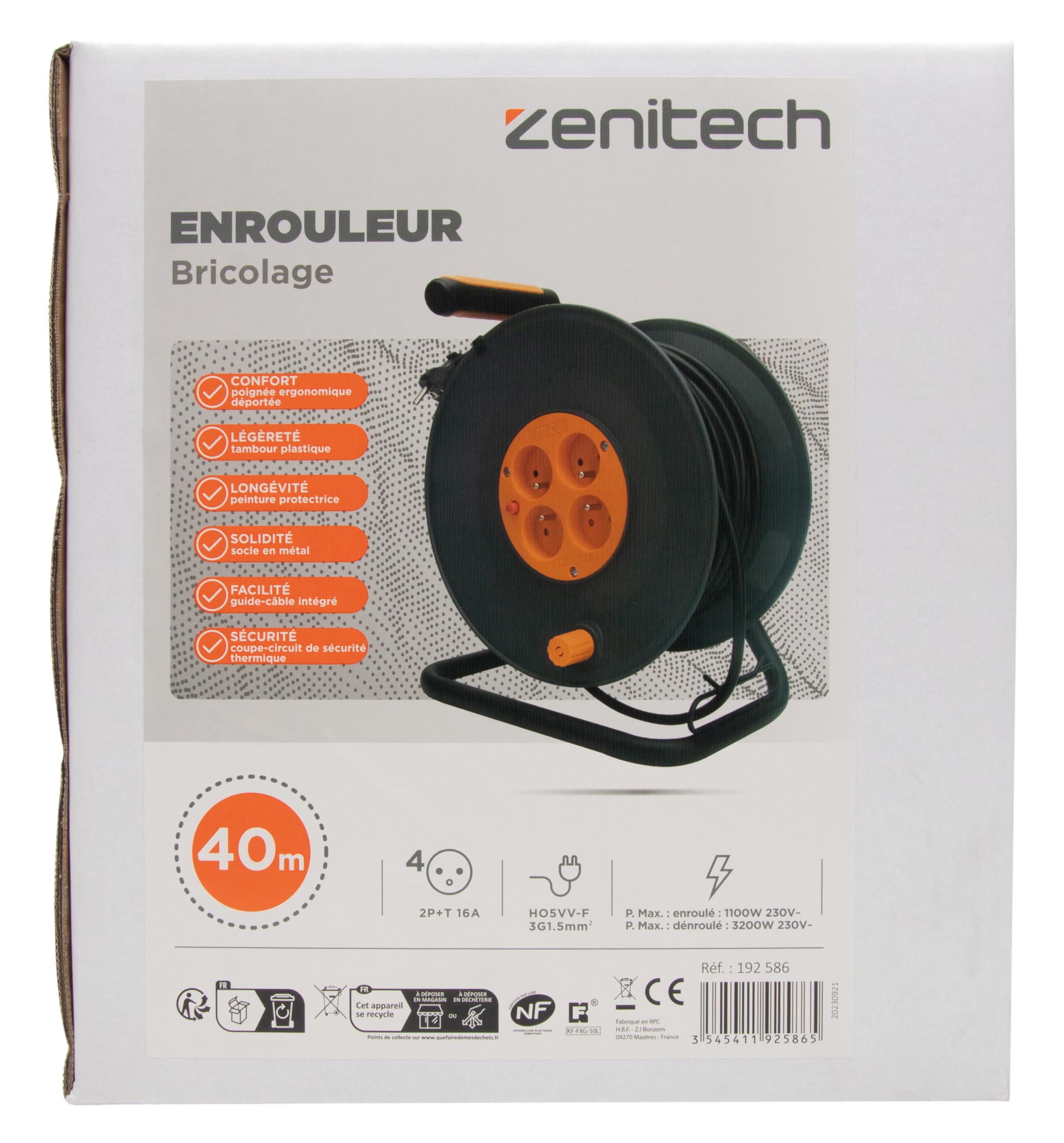Zenitech - Enrouleur 4 Prises déportées 2P+T 16A 40m
