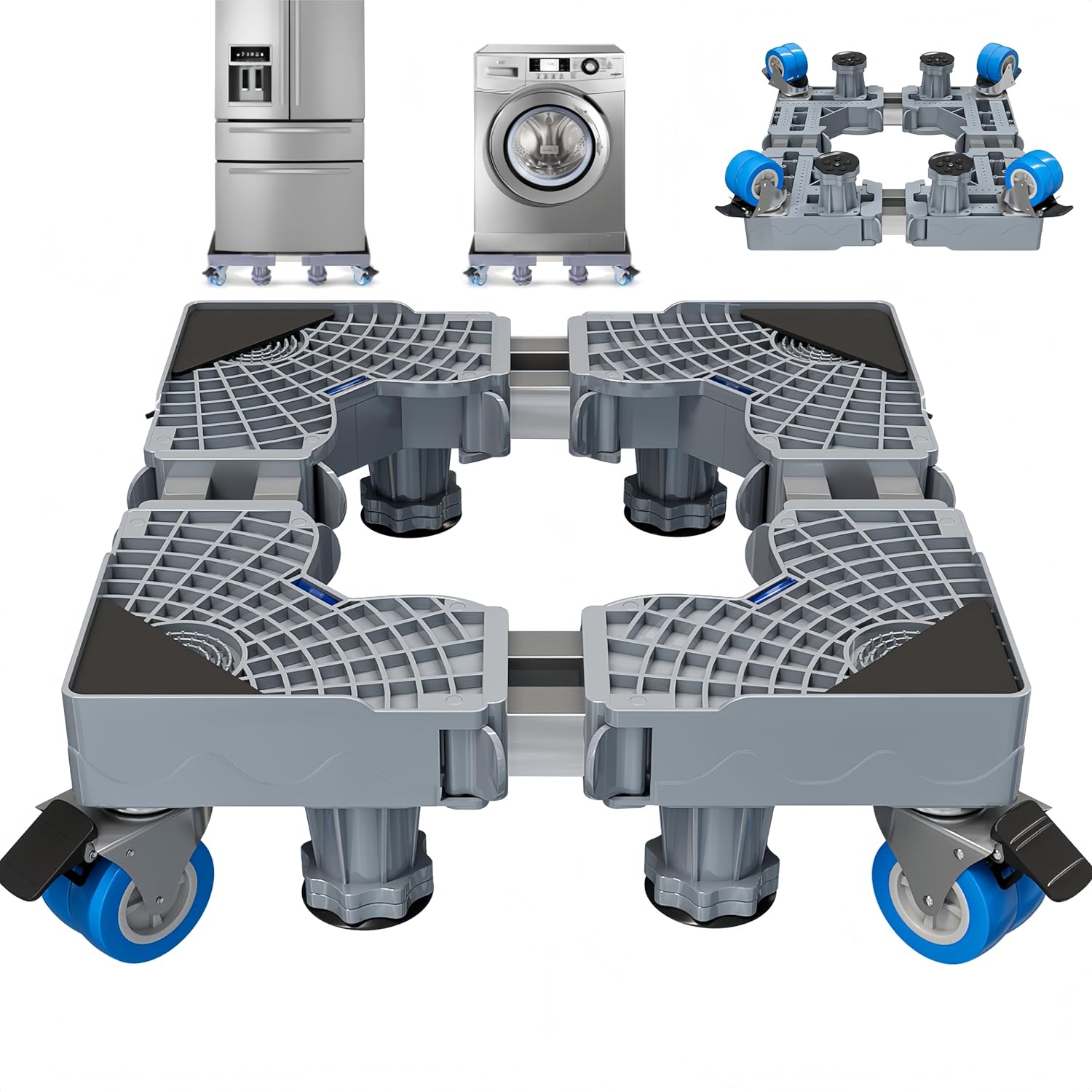 2025 Upgraded Double Fixed Rods, Heavy-Duty Adjustable Washer Stand with 4 Locking Wheels & 4 Strong Feet - Supports up to 880 lbs, Ideal for Washer, Dryer & Double-Door Fridge (27.5”-35.4”)