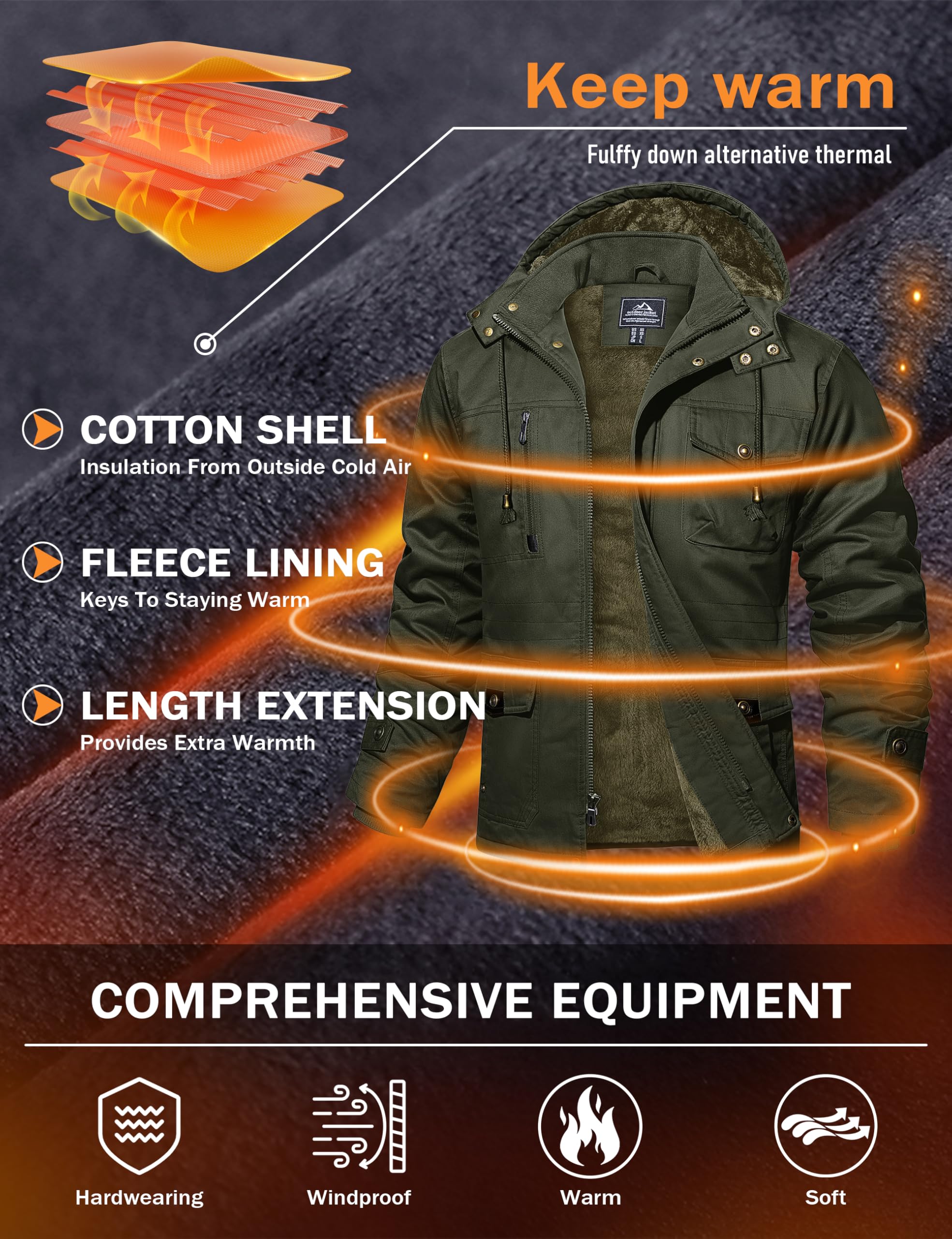 MAGCOMSEN Męska kurtka z ciepłą podszewką, cargo, parka zimowa, kurtka wojskowa, kurtka outdoorowa z odpinanym kapturem, kurtka przejściowa, bawełniana bluza z kapturem