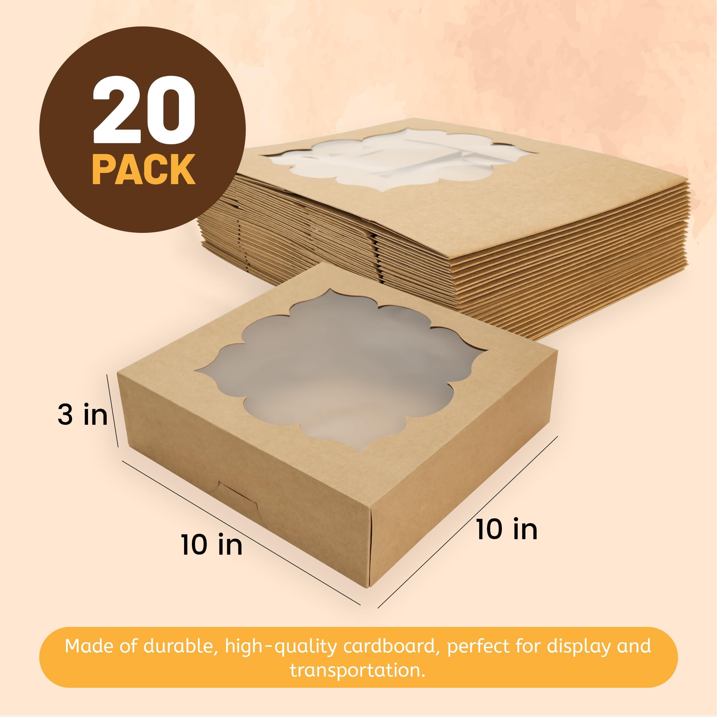 NPLUX Paquete de 20 cajas para pasteles de 10 x 10 x 3 pulgadas con cajas para pasteles de ventana, para tartas, tartas de queso y fresas de chocolate (marrón)
