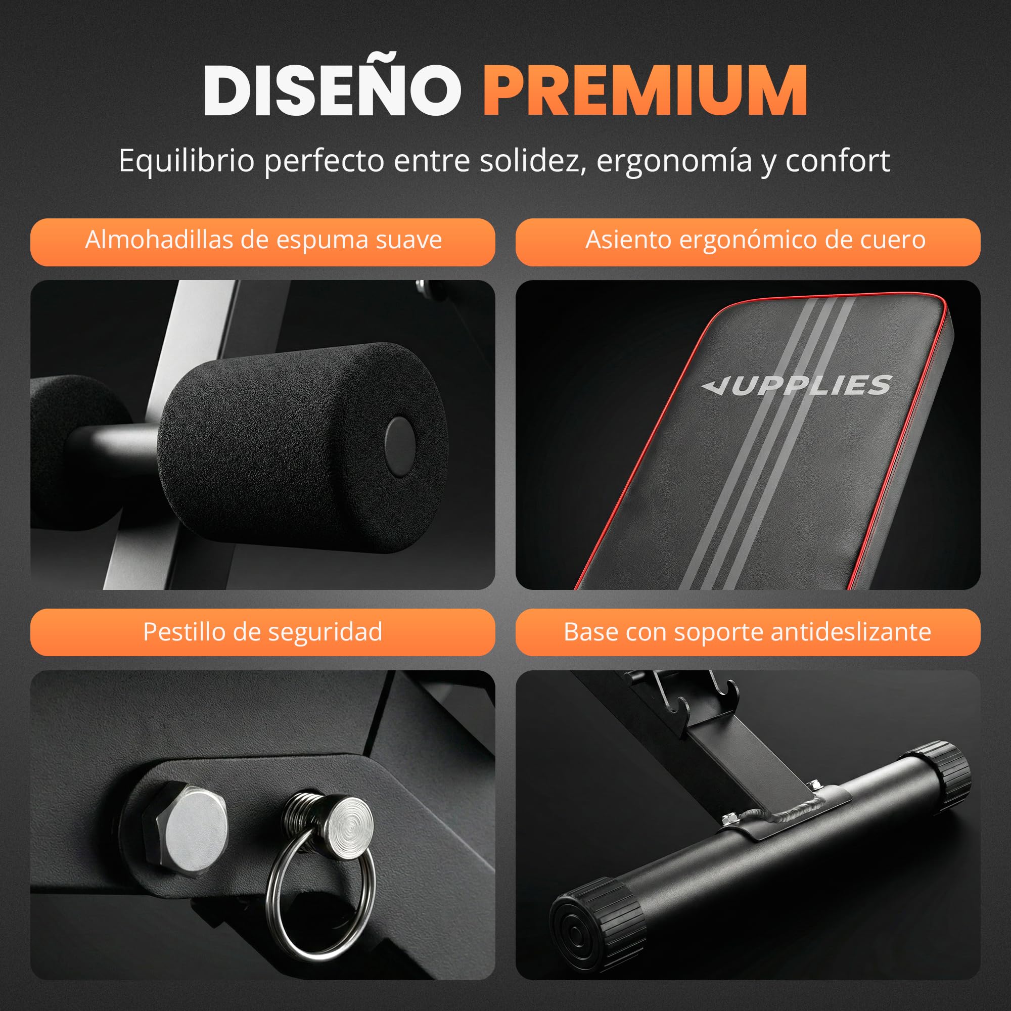 JUPPLIES Banco de Musculación Plegable Multifunción para Gimnasio en Casa – Banco de Pesas Ajustable 7 Niveles hasta 90°, Soporta 200 kg, Incluye 2 Bandas de Resistencia
