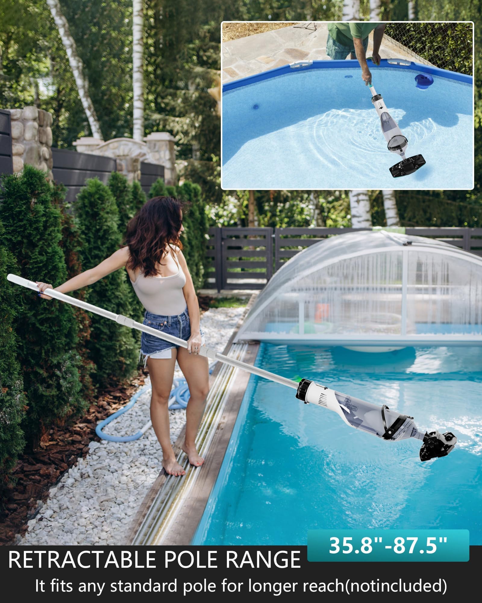 FOTING Aspirapolvere senza fili per piscina fuori terra, 19,5 GPM, testa ad angolo e display LED, aspirapolvere portatile ricaricabile per piscine interrate per vasca idromassaggio, detriti, gradini
