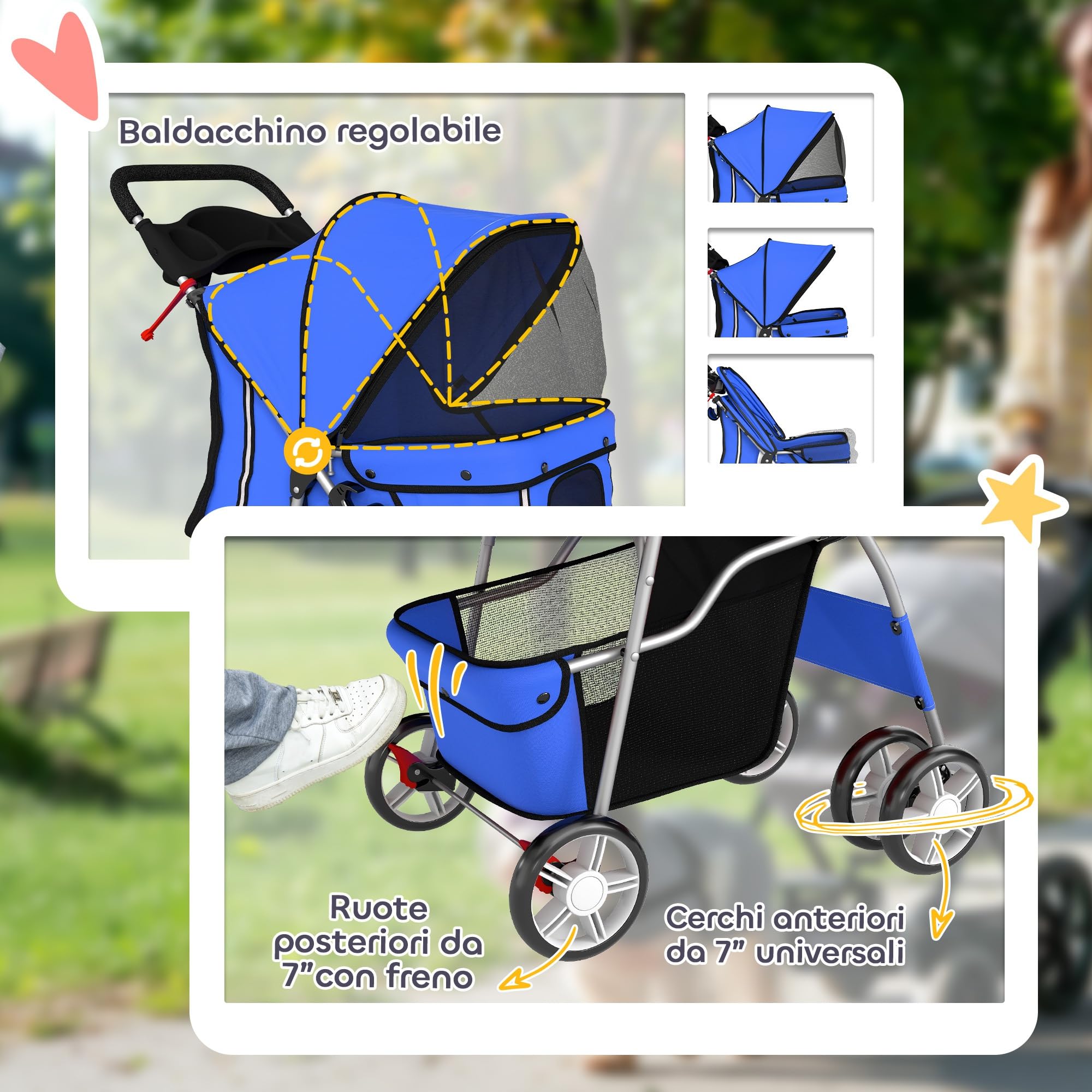 PawHut Passeggino per Cani Pieghevole, Carrozzina per Animali con Copertura Antipioggia, Catarifrangenti, Ruote Girevoli a 360°, Freni e Cuscino Lavabile, Blu
