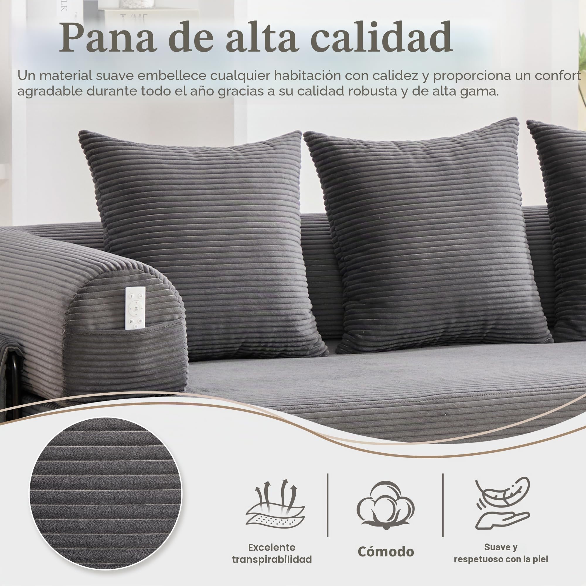 Sofá Modular sin Boneless, Sofá Cama Plegable con Marco de Metal Resistente, Bolsillos Laterales + 3 Almohadas, 200 × 94 × 67 cm, Gris Oscuro
