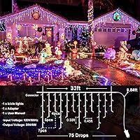 Vista 64 de Luces de Navidad azules al aire libre - 99 pies 1216 luces LED de carámbano para exteriores - Enchufe 8 modos luces centelleantes para decoraciones
