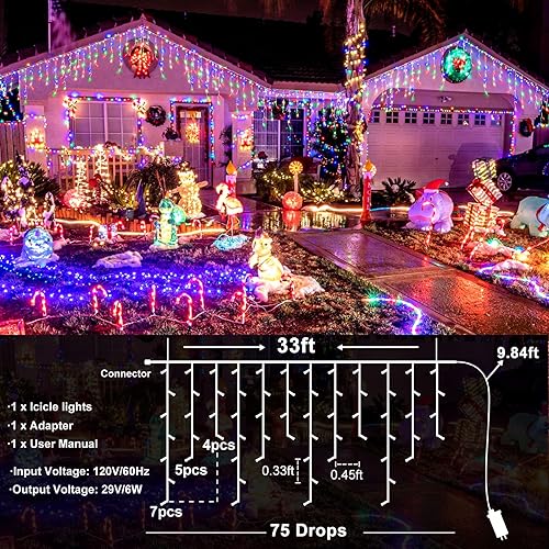 Miniatura 6 de Luces de Navidad de carámbano para exteriores, 33 pies, 400 luces LED de carámbano para exteriores, luces parpadeantes para interiores con 8 modos