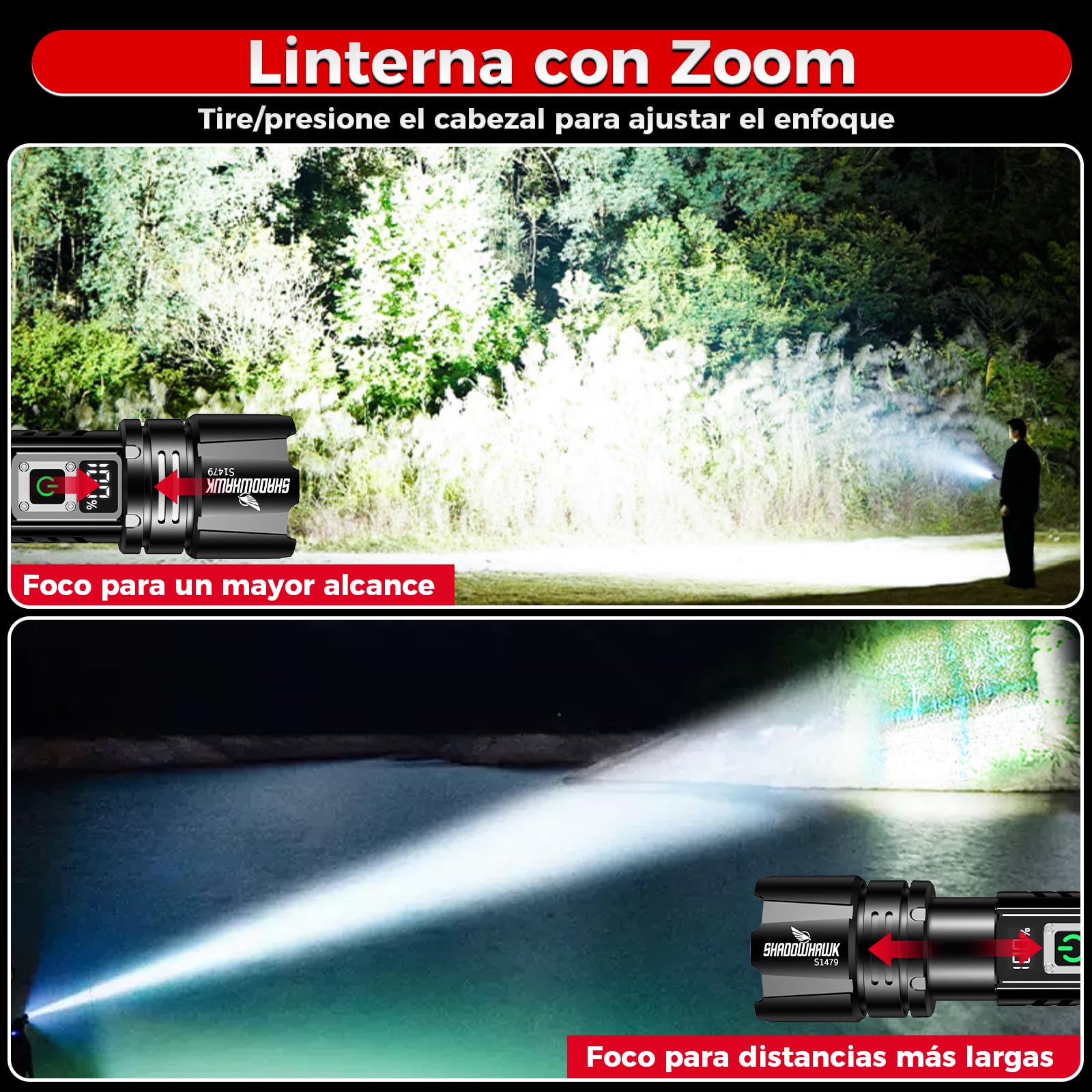 Shadowhawk Linternas alta Potencia 24H Iluminación | Militar 1,000,000 Lúmenes 30W Linterna LED Potente Rechargeable (2 pilas), Tactica Flashlight para Camping/Emergencias/Regalo, Pantalla LCD & IP67