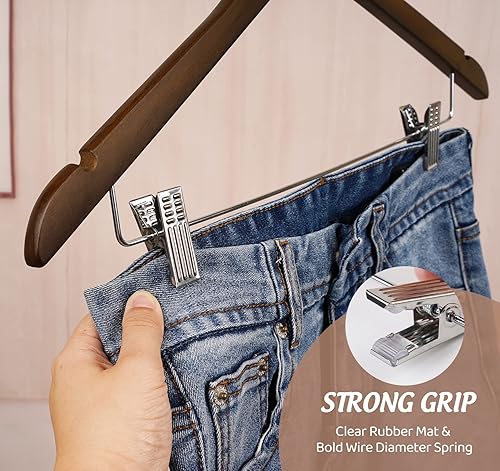 Miniatura 6 de Wooden Clothes Hangers with Clips, 16Pack Wood Skirt Hangers with Clips, High-Grade Selected Walnut Wood Hangers with Sturdy Metal Clips for Pants,