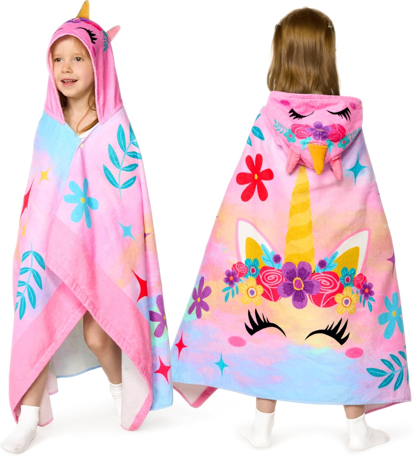 Joiedomi Unicorn Hooded Towels for Kids Soft 100% Cotton Kids Beach Towel 30″ x 50″ for 3-10 Years Boy Girl Beach Hooded Poncho Absorbent Pool Toddler Swim Bath Wrap