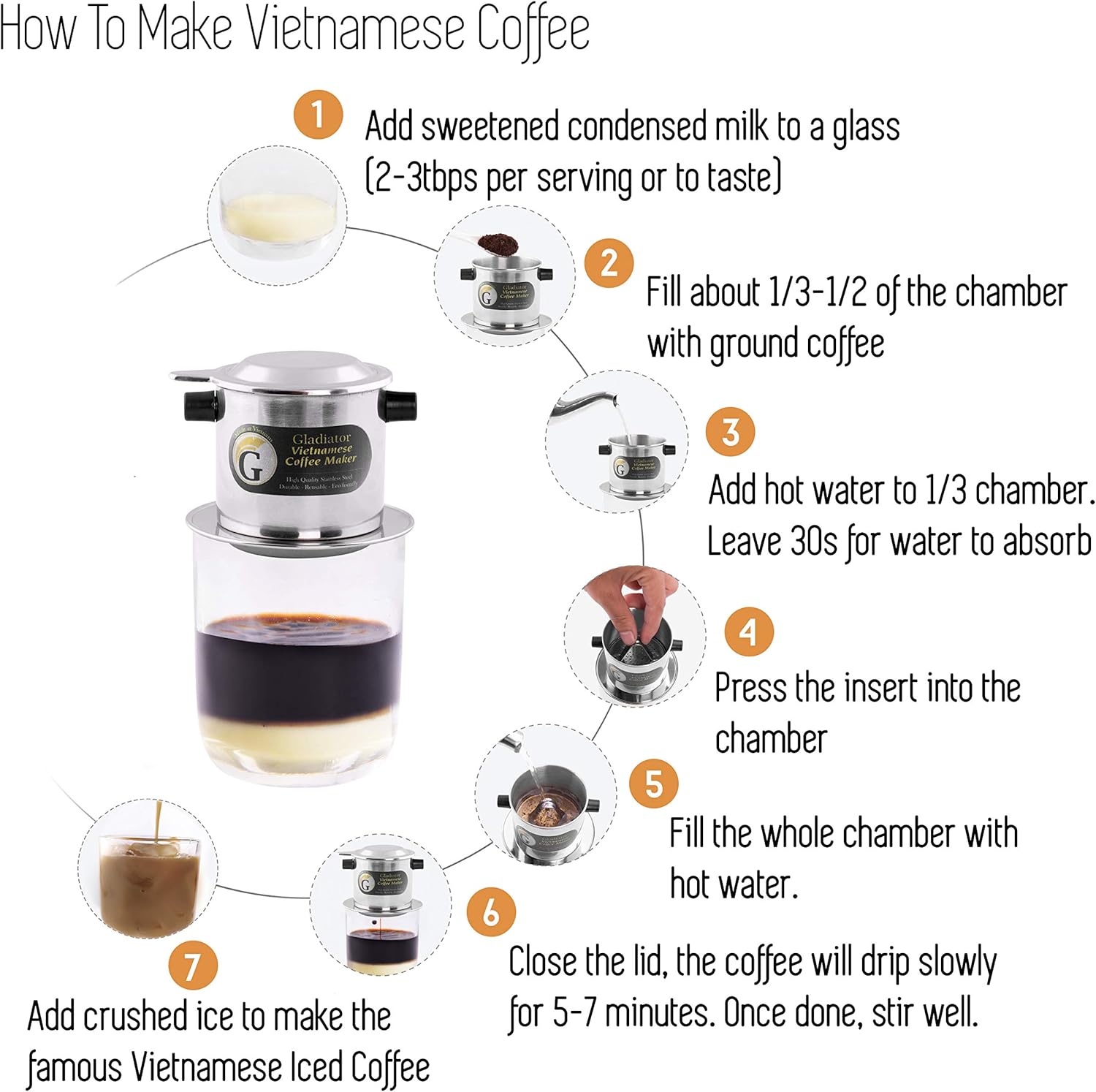 Vietnamese Coffee Maker Filter Set | French Press Style Coffee Filters | Pour Over Coffee Dripper | Portable Coffee Makers | Reusable Coffee Press (Large 15oz)