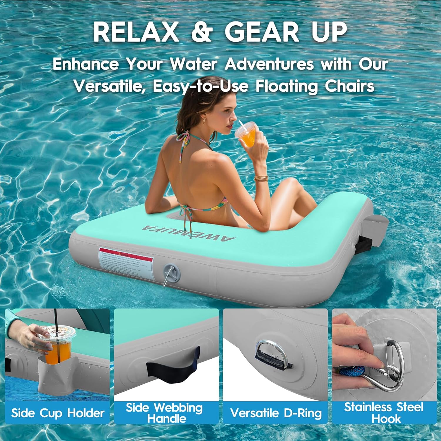 AWEMUFA Inflatable Chair for Lakes, Inflatable Floating Chair Floating Pool Lounger Float Adult, Heavy Duty Lake Floats Outside Tanning Pool Hangout Armrest Floaties