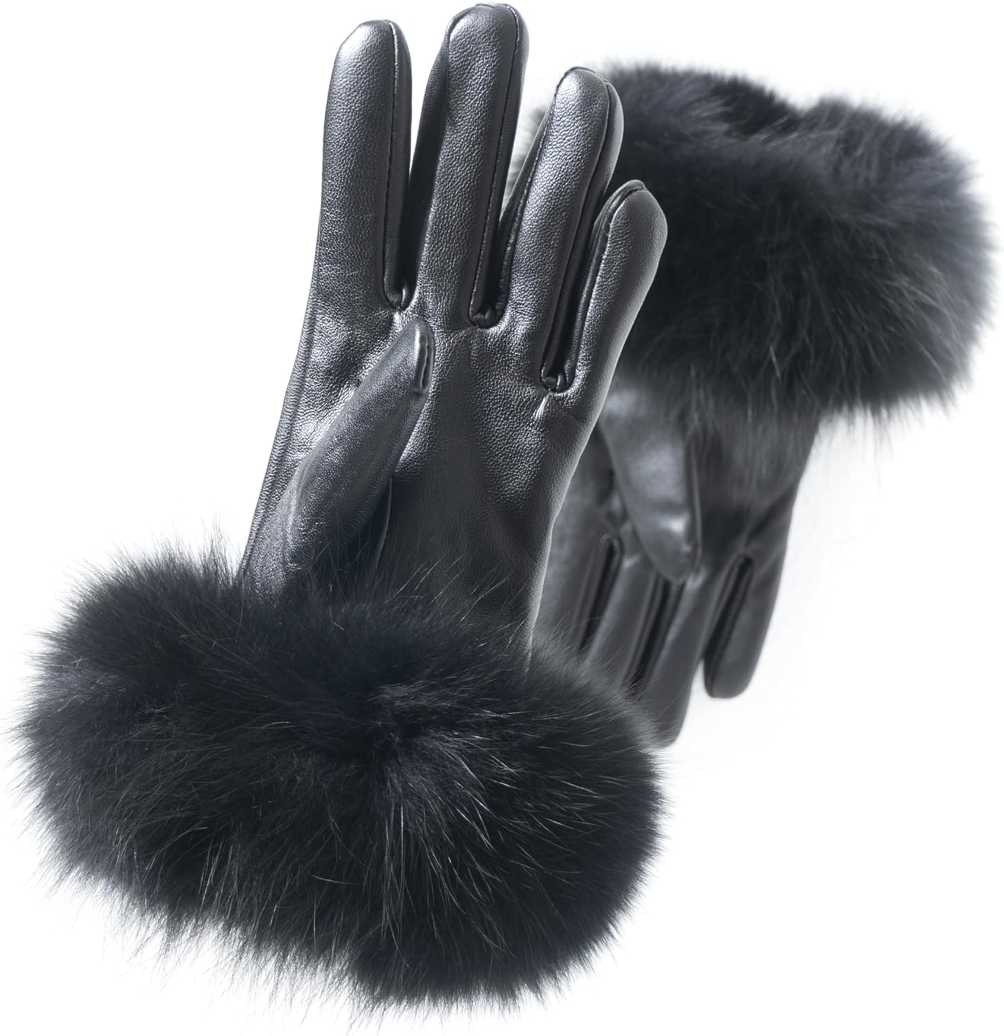 HEIZZI Real Fur Gloves - Women's Touchscreen Lambskin Leather Gloves with Real Fox Fur Cuff for Winter Driving & Dress