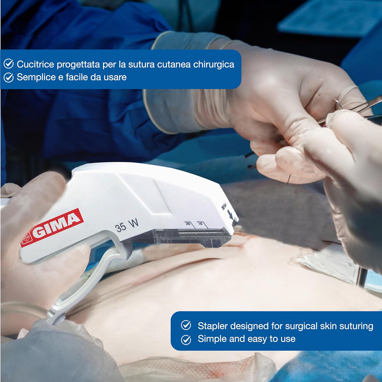 Surgeon using GIMA skin stapler on patient