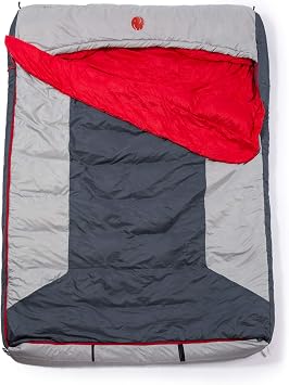 OmniCore Designs Multi Down Double Wide Hooded Rectangular Sleeping Bag 10F Red / 30F Yellow with 4pt. Compression Stuff Sack