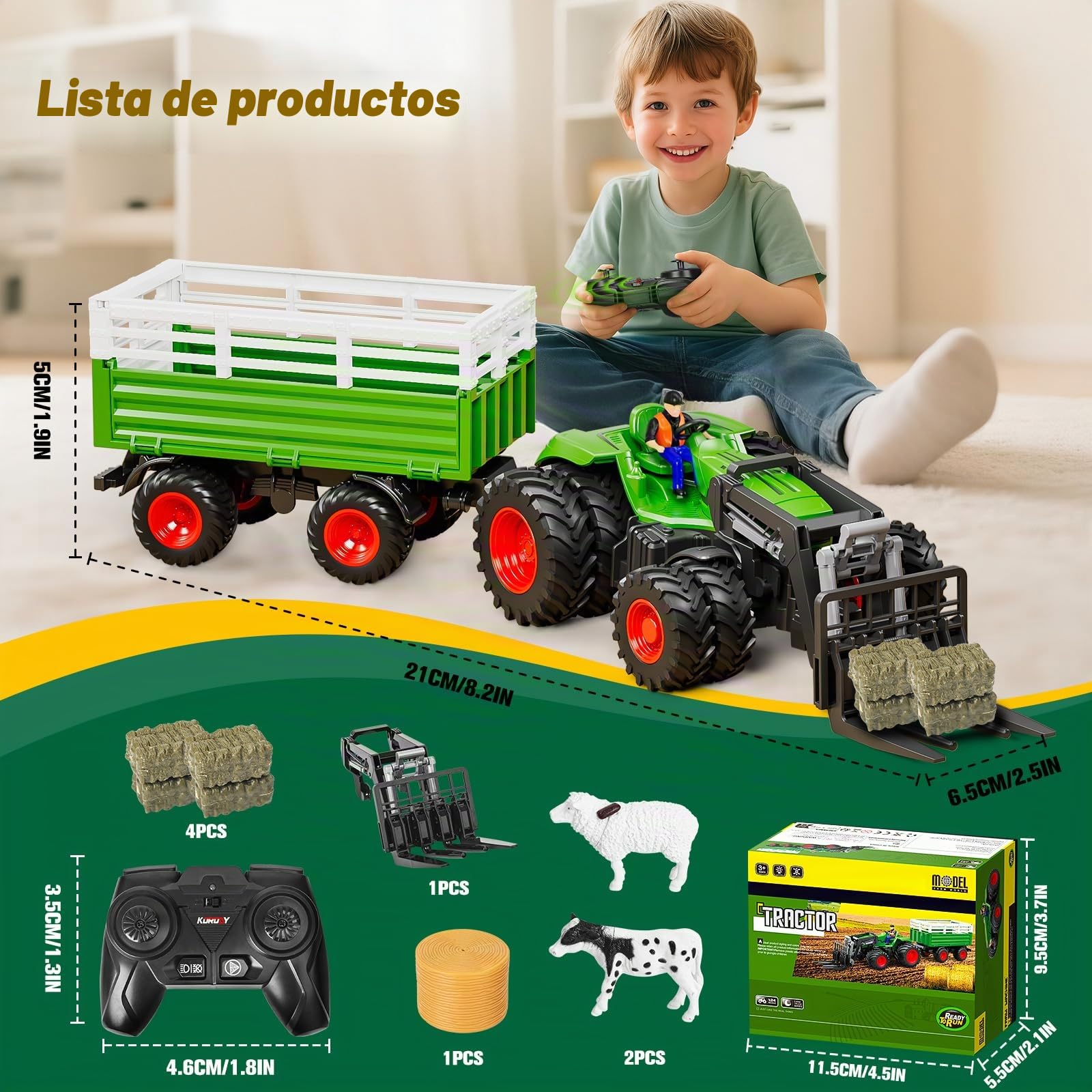 RC Tractor Juguete con Remolque, 2,4 GHz Tractor Teledirigido, de Granja Vehículos con Horquilla Elevadora, Luz, Vaca, Oveja y Frdo de Heno, Granja de Juguete Regalo 3 4 5 6 7 8 Años