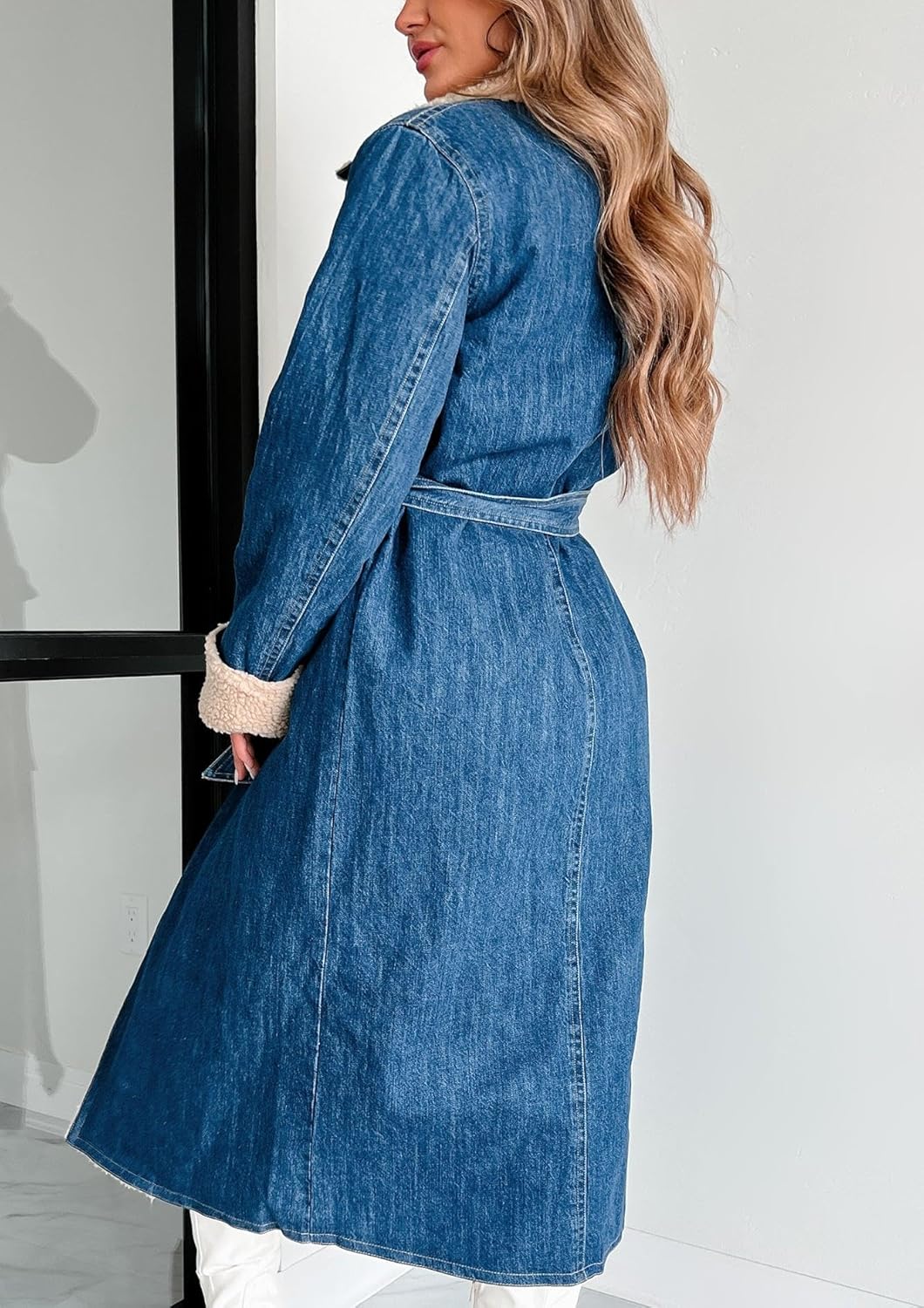 yoeasy Womens Warm Winter Sherpa Fleece Lined Long Denim Coat Windproof Thick Denim Trench Coat with Belt - Image 6