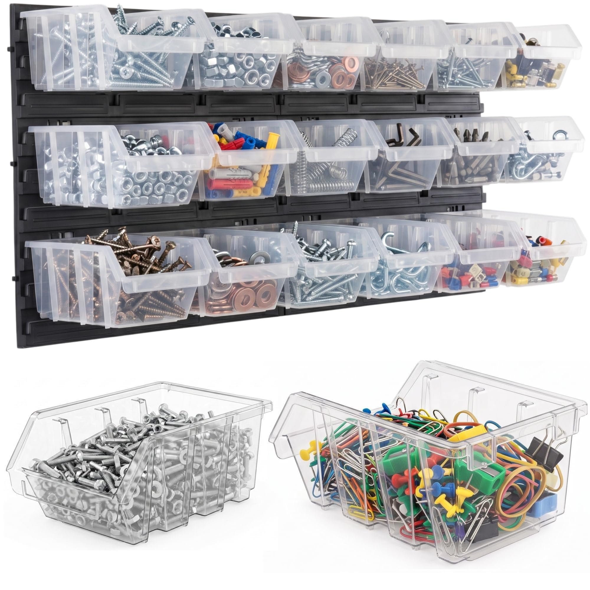 Étagère murale d'atelier avec 18 boîtes de tri transparentes, système de rangement pour vis, écrous et petites pièces, plastique, 78 x 39 cm, boîtes 190 x 123 x 90 mm, jusqu'à 20 kg, pour garage