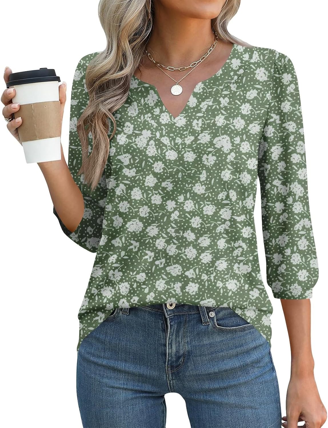 Summer Tops for Women, Casual 3/4 Length Sleeve Tops V Neck Floral Print Cute Tees Shirts, S-2XL