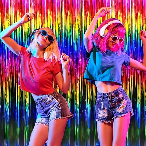 Miniatura 5 de JVIGUE Paquete de 3 cortinas de papel de aluminio metálico con flecos para fiesta de cumpleaños, telón de fondo de fotos, decoración de eventos de