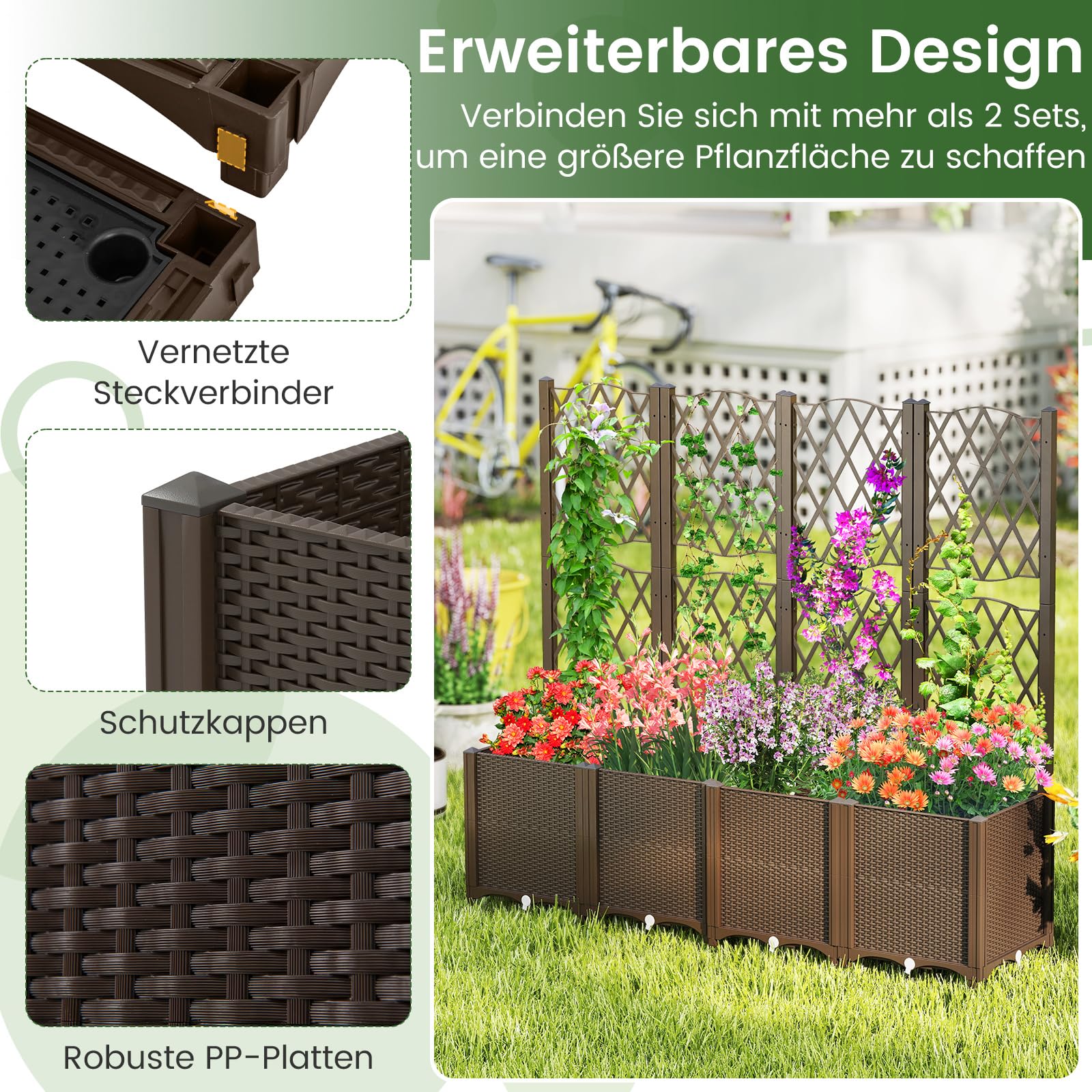 RELAX4LIFE Blumenkasten mit Rankgitter, Rankgitter mit Rattanoptik Pflanzkasten, Pflanzkübel mit Spalier, Hochbeet mit Rankhilfe, Spalier mit Blumentopf für Garten (Kaffee, 80 x 40 x 140 cm)