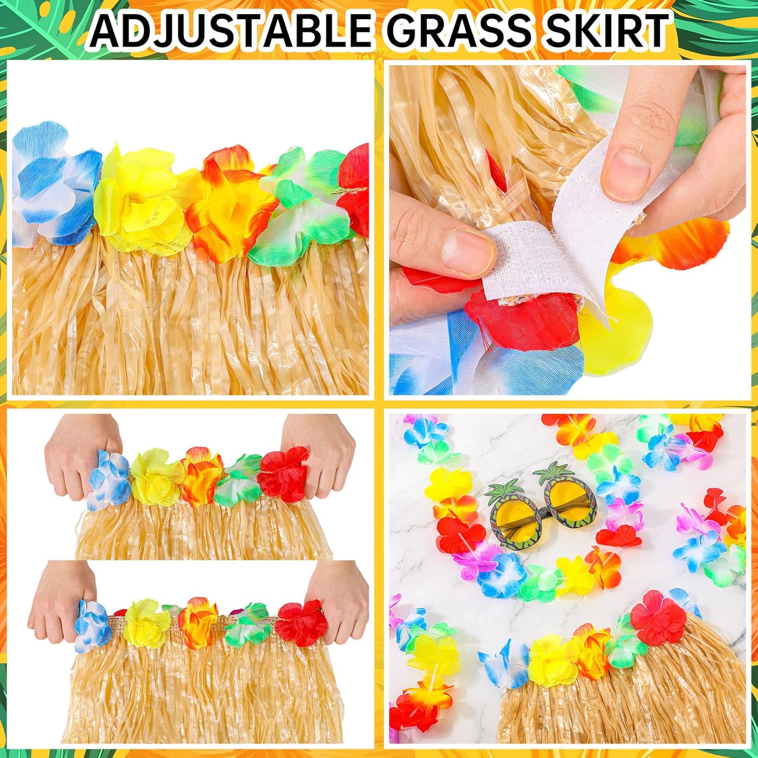 6 Set 60 cm Hawaiian Luau Hula Grass Skirt Pineapple Sunglass Flowers for Holiday Hawaiian Christmas Party Cosplay - Image 2