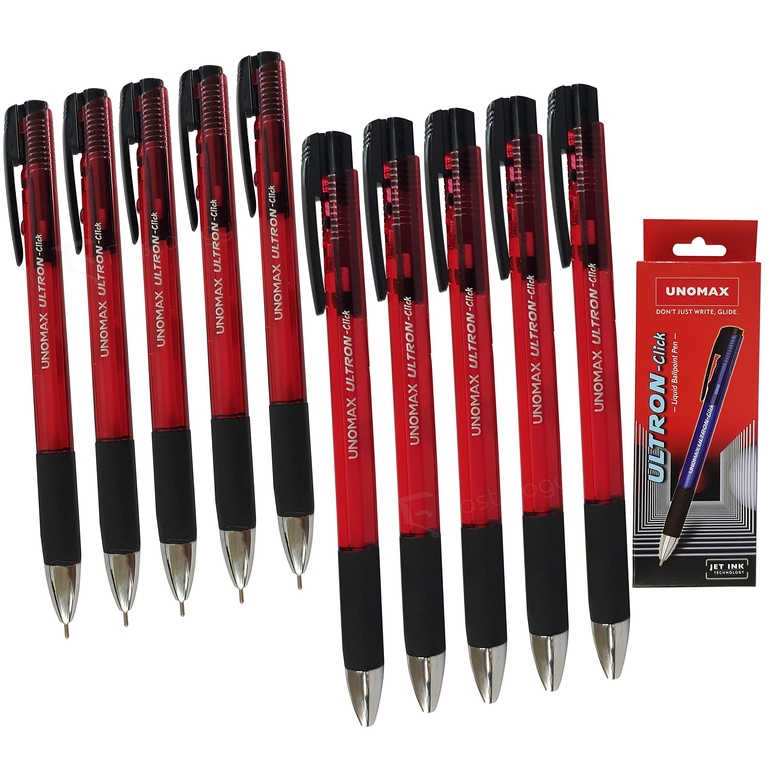 RED Retractable Ballpoint Pens, 0.7mm Fine Point, Pack of 10, ULTRON Click Ball Pens, Smooth Writing, Triangular Cushion Grip, PATEL Black Ball Pen