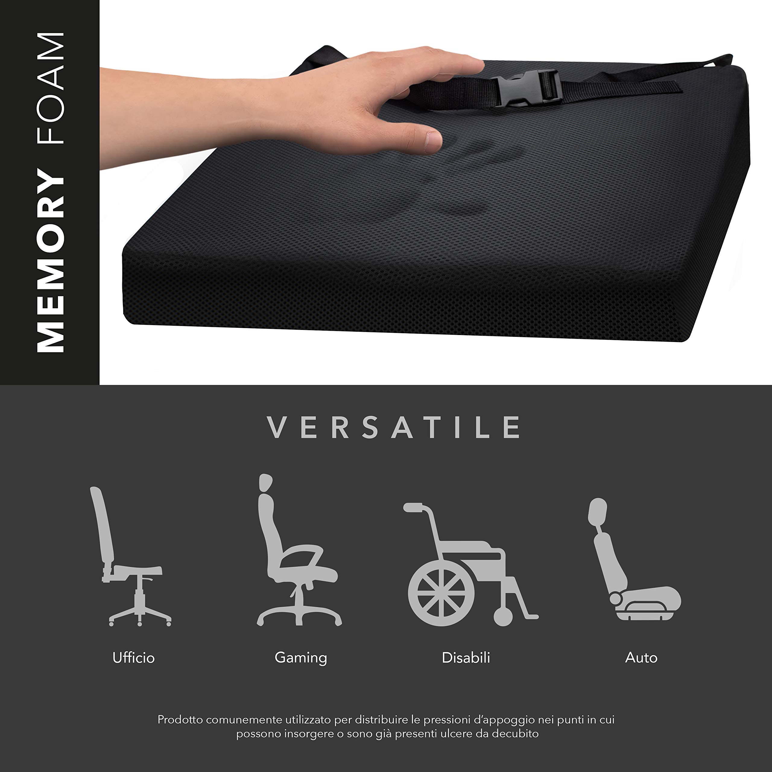 AIESI® Cuscino Antidecubito per sedia a rotelle e sedute (cm 44x44x5h) in poliuretano espanso con cuscinetto interno in gel viscoelastico e cinghia di fissaggio, Certificato CE, Garanzia 24 mesi