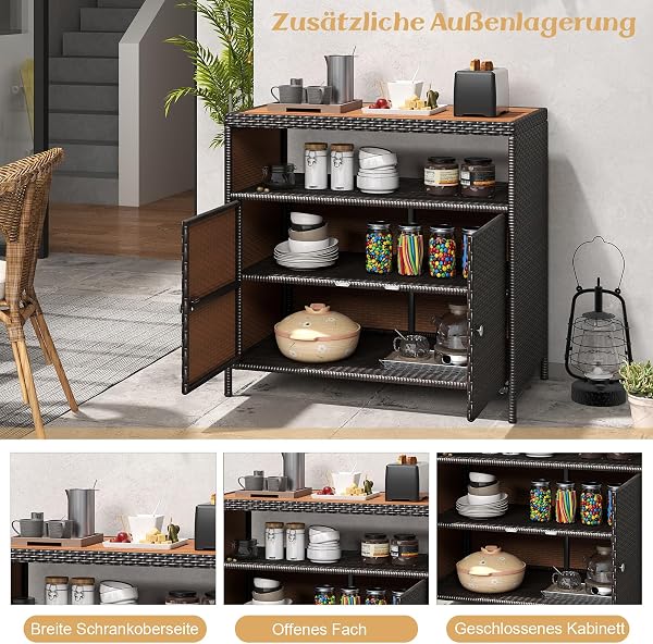 COSTWAY Gartenschrank Rattan, Terrassenschrank mit Akazienholz-Arbeitsplatte, offenem Fach und Doppeltür, Outdoor Aufbewahrungsschrank für Garten, Terrasse, 90 x 53 x 86 cm (Braun) - 3