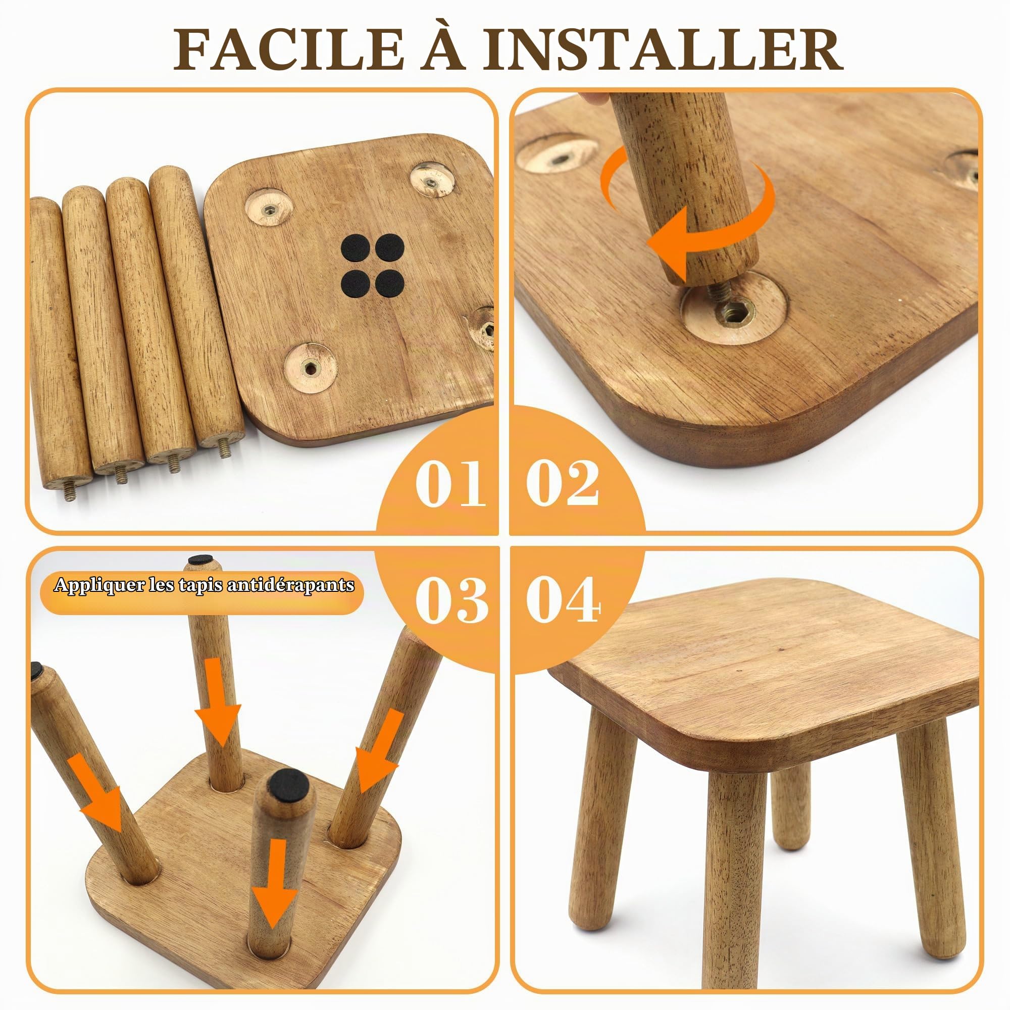 Petit marchepied en bois massif pour adultes, tabouret d'intérieur amovible en bois court pour chambre à coucher, cuisine, salle de bain, support de plantes (1 pièce)