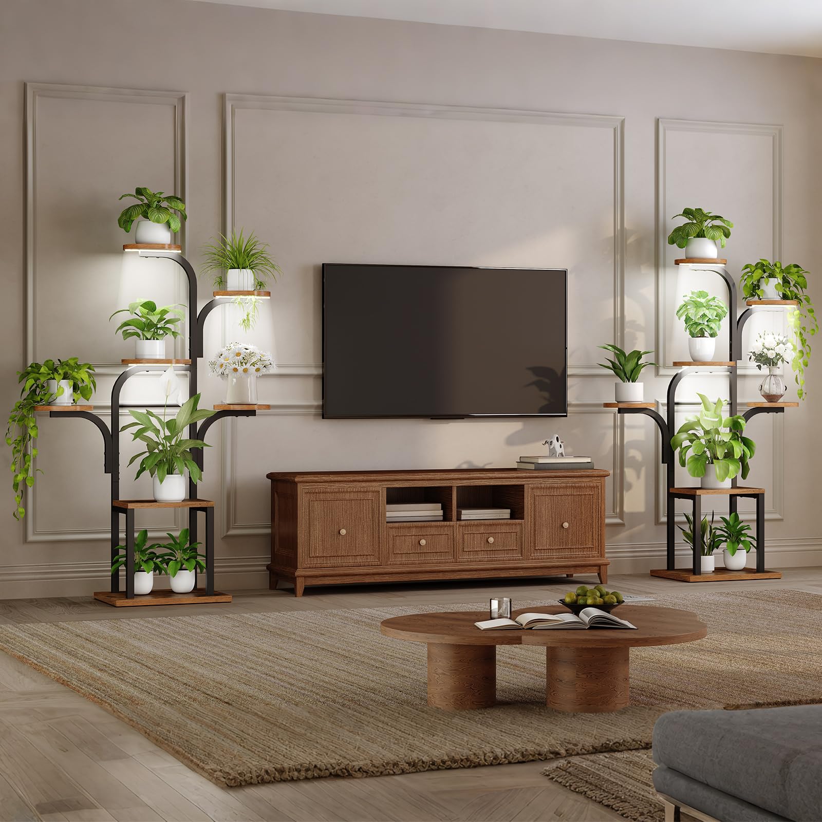 HOOBRO Support Plantes Interieur avec 3 Lampes de Croissance 7 Niveaux, Étagère Plante, Hauteur 120 cm, Minuterie 3/9/12 Heures, pour Salon, Chambre, Balcon, Marron Rustique et Noir EBF09DHJ01