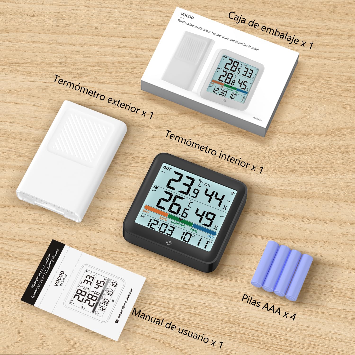 VOCOO Termómetro Para Interiores y exteriores Higrómetro Monitor de Humedad Medidor de Temperatura Digital Estaciones Meteorológicas con Retroiluminación LCD Reloj Fecha Valor Mínimo/Máximo