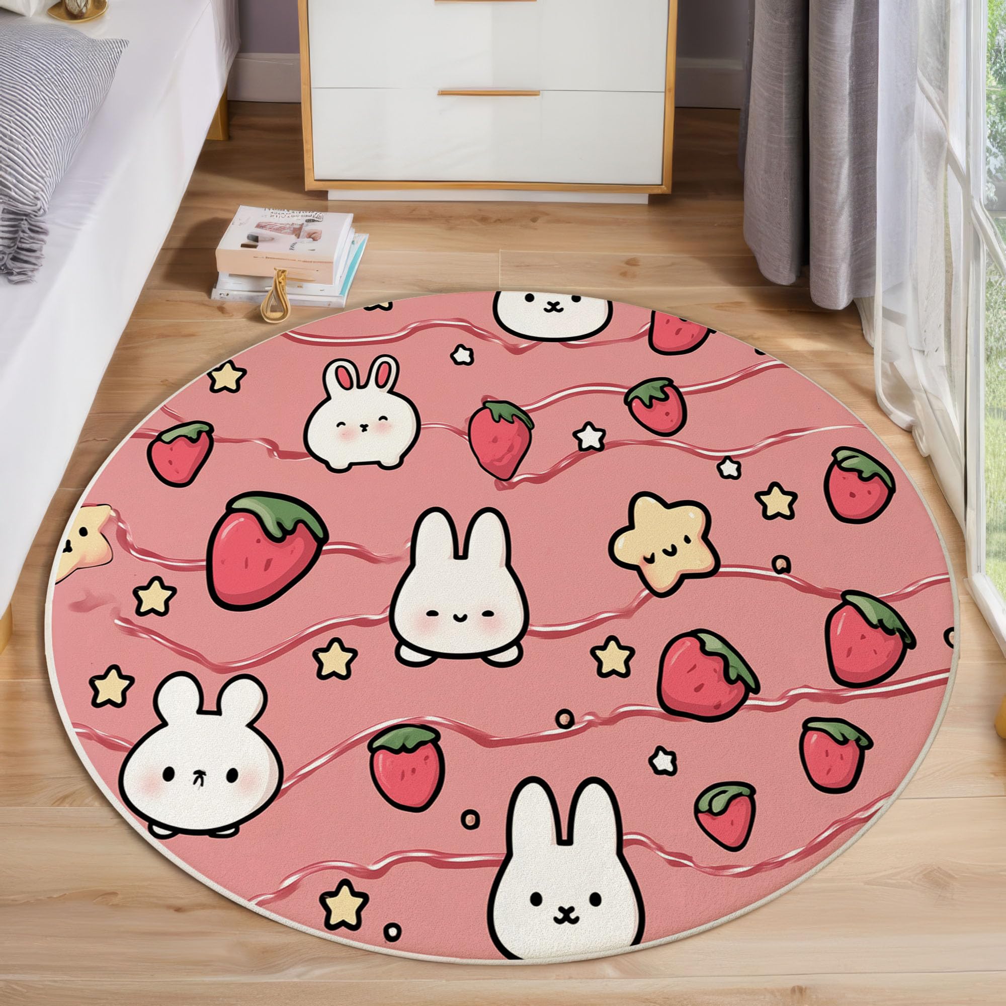 Tapis rond de rayures fraise doux antidérapant pour protéger le sol de chambre