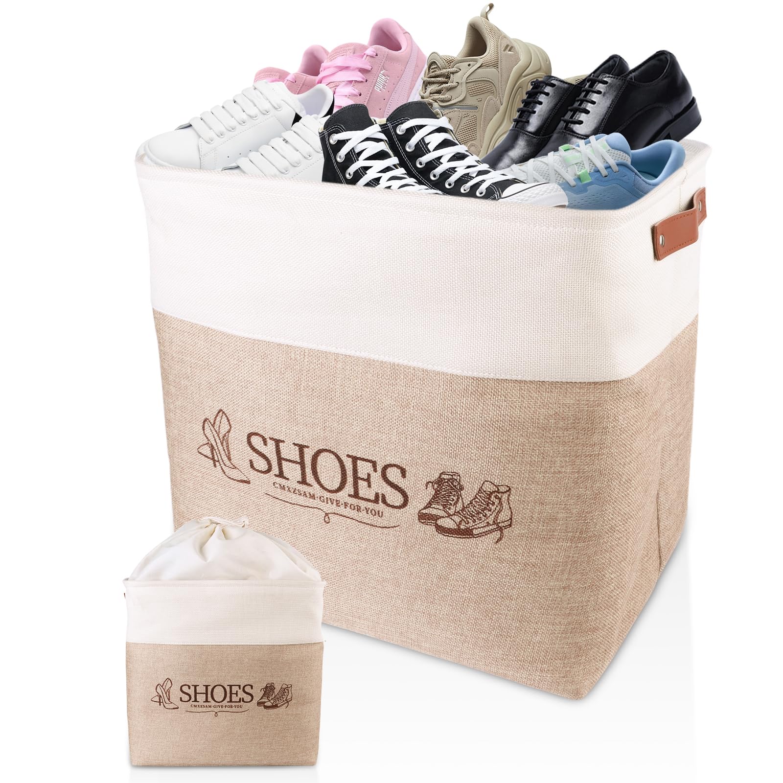 CMXZSAM Shoe Basket Organizer, Large Capacity Fabric Entryway Shoe Storage with Handle, Flodable Space-Saving Shoe Storage Bin for Hallway, Entryway and Mudroom