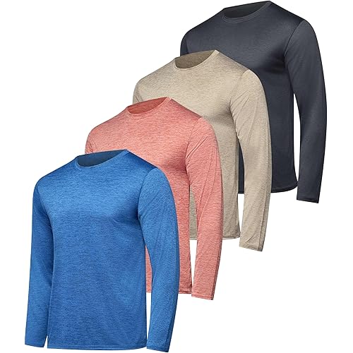 Real Essentials 4 Pack Mens Long Sleeve Dry Fit T Shirts Hiking Fishing Workout Gym Work Sun UPF 50 Wicking Running Tee