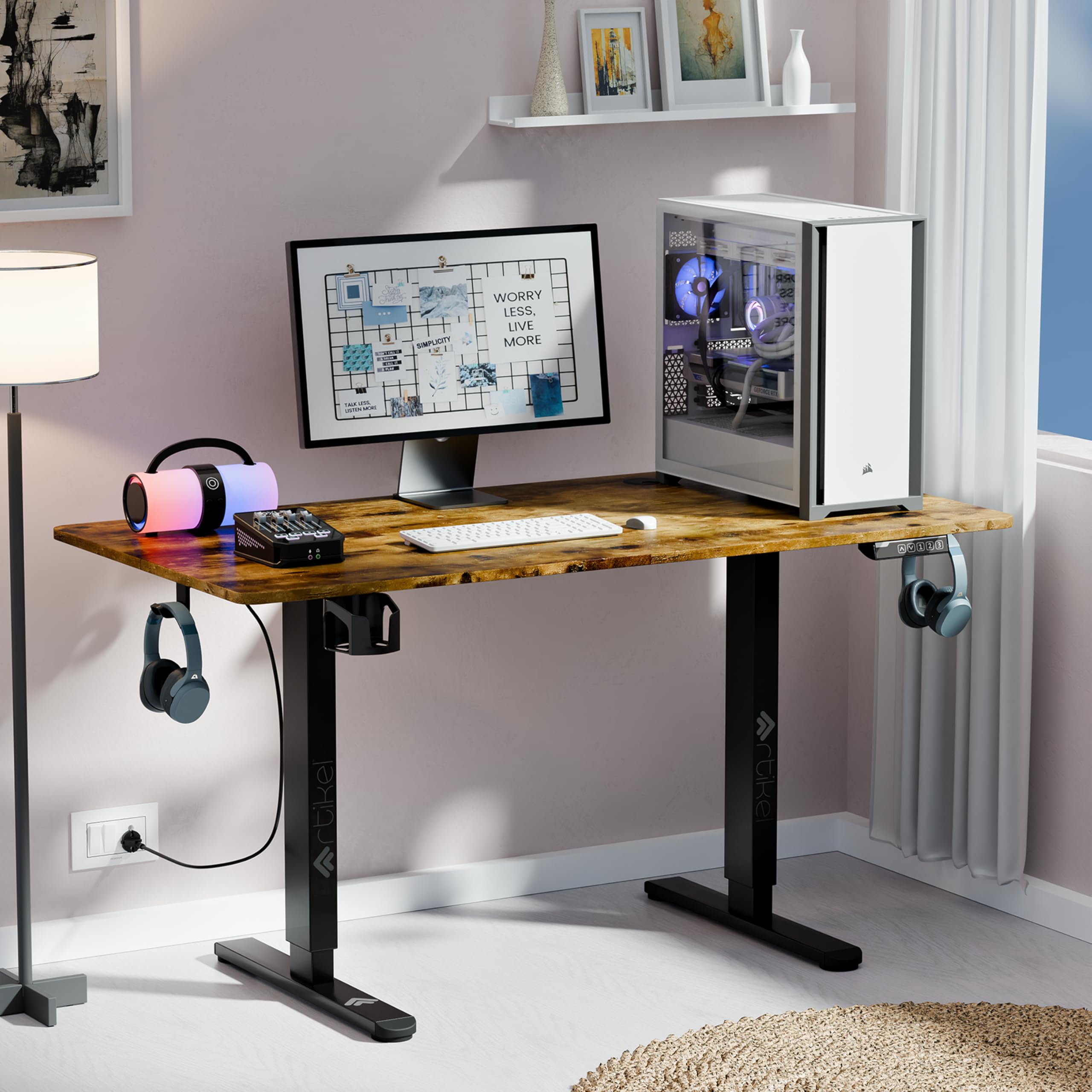 ARTIKEL Artidesk Eco Electric Height Adjustable Table for Office Work & Home-Sit Stand Gaming Desk 80kg Load, Cup Holder, 2 Hooks,Cable Organizer 2Split Tabletop (Rustic Brown, 120x60 CM)